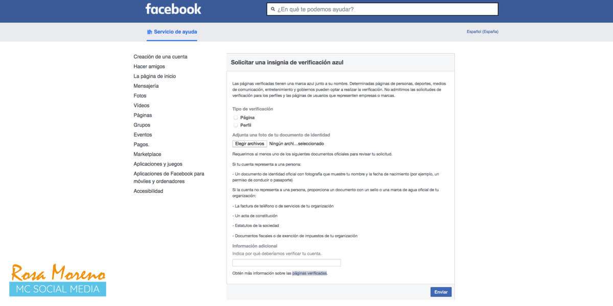 como verificar pagina perfil facebook formulario solicitud verificacion insignia azul pagina facebook