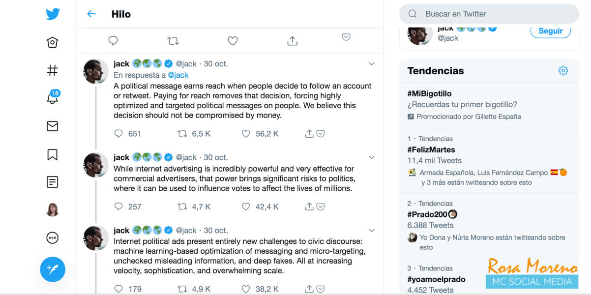 twitter prohibe la publicidad política tuit jack dorsey hilo tuit comunicando prohibicion
